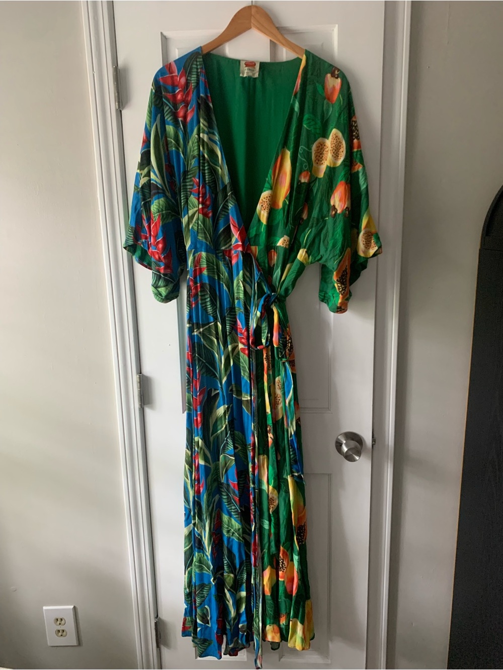 FARM Rio Green Tropical Print Maxi wrap Dress with Blue and Orange Accents - Picture 2 of 5